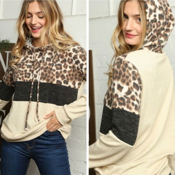 Cream Animal Print Color Block Hoodie Top - Picture 1 of 3